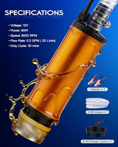 12V 80W Submersible Water Transfer Pump, 5.3GPM High Flow Diesel Water Pump