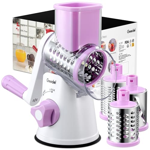 Geedel Rotary Cheese Grater Hand Crank, Cheese Shredder Vegetable Slicer - color: Purple, style: 3 Blades