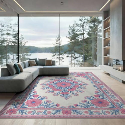 9'x12' Pink Toile Motif Way Flower Chinoiserie Washable Area Rug - color: Pink/Pattern 17, size: 9' x 12' (Rectangular)