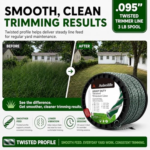 Anleolife .095" 3-Layer Twisted String Trimmer Line for Weeds, 1181ft 3 lb - color: 3-lb Twisted .095