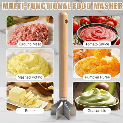Stainless Steel Potato Masher with Wood Handle - size: 8 x 2.7 inches