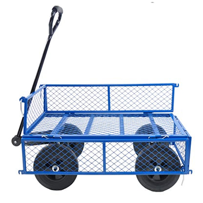 Solid Wheels 10" Flat Free Tires Steel Garden Wagon cart A Large-Capacity mesh with a Load of 1100LBS,with Detachable Side and no Pneumatic Tires,can be Used in Farms,Warehouses,etc. - color: Blue -Solid Wheels