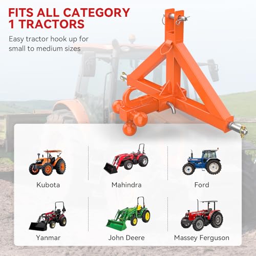 3 Point 2" Trailer Hitch Receiver and Towing Ball Hitch with Hook for Cat.1 - color: Orange