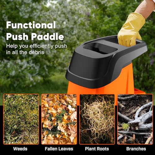 15-Amp Wood Chipper Shredder, 50L Collecting Bin, High Efficiency Electric Mulcher Shredding Machine with 25:1 Reduction Ratio, 1.8In Cutting Diameter, Large Portable Wheels for Yard Cleanup, Orange - color: Tangerine