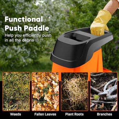 15-Amp Wood Chipper Shredder, 50L Collecting Bin, High Efficiency Electric Mulcher Shredding Machine with 25:1 Reduction Ratio, 1.8In Cutting Diameter, Large Portable Wheels for Yard Cleanup, Orange - color: Tangerine