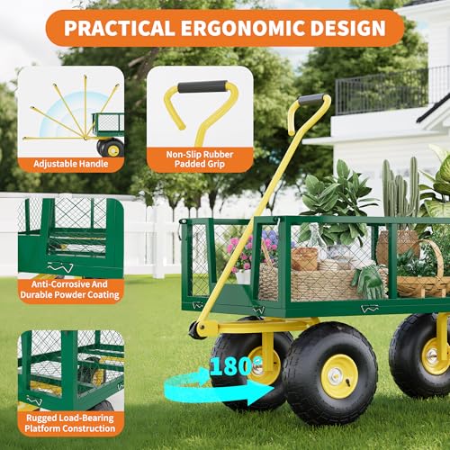 Heavy Duty Steel Garden Wagon Cart - 900 lbs Load - 2-in-1 Outdoor Utility Yard Cart - 10" All-Terrain Wheels - Removable Mesh Sides - 180° Rotating Handle - Collapsible Metal Lawn Trailer - size: 900 lbs
