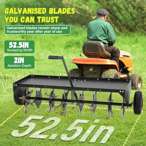 Doniks 52-Inch Tow Behind Lawn Plug Aerator with Universal Hitch, Lawn Aerator Tow Behind with 40 Galvanised Steel Tines,Tray and Inflatable Wheels for Gardens, Lawns, Farms - size: 52inch