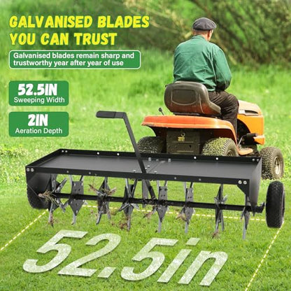 Doniks 52-Inch Tow Behind Lawn Plug Aerator with Universal Hitch, Lawn Aerator Tow Behind with 40 Galvanised Steel Tines,Tray and Inflatable Wheels for Gardens, Lawns, Farms - size: 52inch