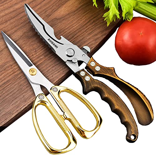 Premium Kitchen Shears 2-Pack Heavy Duty Poultry & Meat Scissors, Bone Shears for Cooking - color: Bronze+golden
