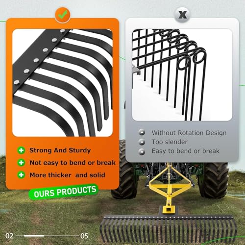 KUAFU 60-Inch 3-Point Landscape Rake Compatible with Category 1 - style: Yellow