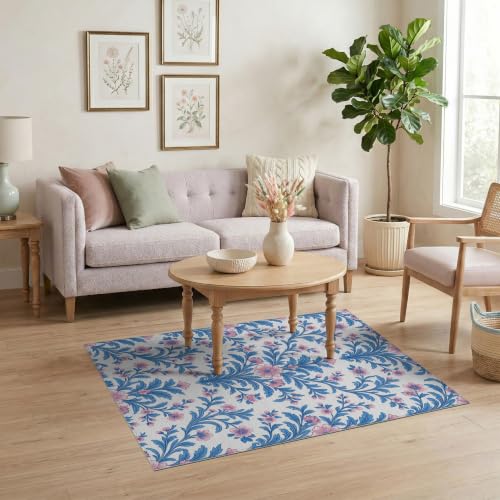 4'x6' Blue Pink Chinoiserie Toile Way Motif Washable Area Rug - color: Blue/Pattern 1, size: 4' x 6' (Rectangular)