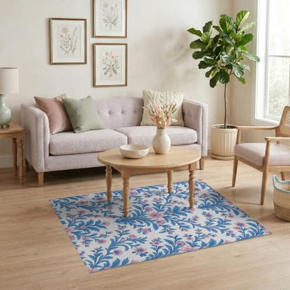4'x6' Blue Pink Chinoiserie Toile Way Motif Washable Area Rug - color: Blue/Pattern 1, size: 4' x 6' (Rectangular)
