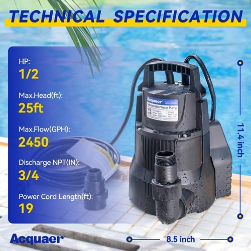 Acquaer 1/2 HP Automatic Sump Pump, 2450 GPH Submersible Water Pump