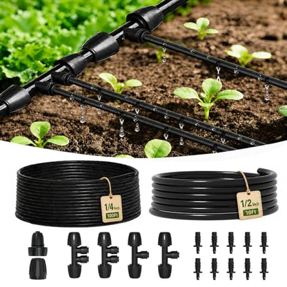 MIXC 1/4" Irrigation Dripline Tubing Kit (100 Ft) with 10Ft 1/2" Main Line