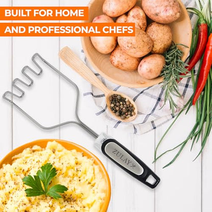 Zulay Kitchen Stainless Steel Potato Masher – Heavy-Duty, Non-Scratch, Dishwasher-Safe Masher with Food-Grade Silicone for Smooth & Fluffy Mashed Potatoes, Avocados & More – Sturdy & Durable Design - color: Stainless Steel Silver