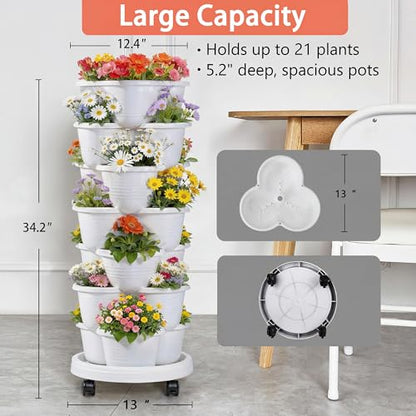 VECELO 7 Tier Vertical Garden Planter, Self Watering Stackable Planters with Wheels for Strawberries, Herbs, Flowers, Vegetables, White - color: White, size: 7 Tier