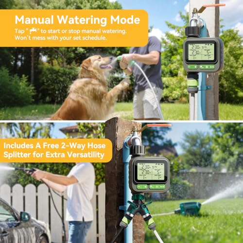 Sprinkler Timer for Garden Hose, Programmable Water Timer with 4 Custom Plans, Rain Delay & 2-Way Splitter, Digital Automatic Watering System for Yard, Lawn, Irrigation