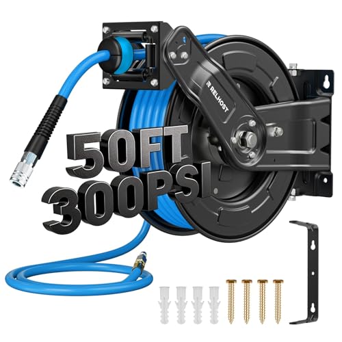Relhost Retractable Air Hose Reel, 50 ft x 3/8 in Hybrid Air Hose Max 300PSI, Heavy Duty Air Compressor Hose Reel with Dual Arms, Auto Rewind, 180° Swivel Ceiling/Wall Mount for Garages, Workshops - size: 50FT 180° Swivel