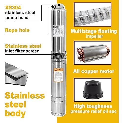 WASSERMANN 4" Deep Well Submersible Pump with 10FT Cable,1HP,115V/60HZ,34GPM,196FT Head,Stainless Steel Single-Phase Water Well Pump for Cities Farmland Irrigation and Home Use - style: 1HP-115V-60HZ