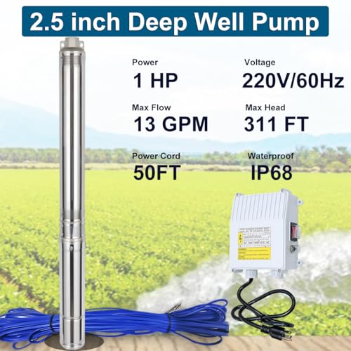 2.5" Deep Well Pump,1HP 110V Submersible Well Pump w/Control Box,50FT Cord - style: 2.5" -1HP-110V