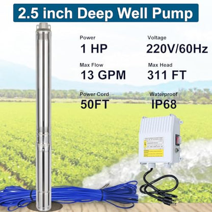 2.5" Deep Well Pump,1HP 110V Submersible Well Pump w/Control Box,50FT Cord - style: 2.5" -1HP-110V