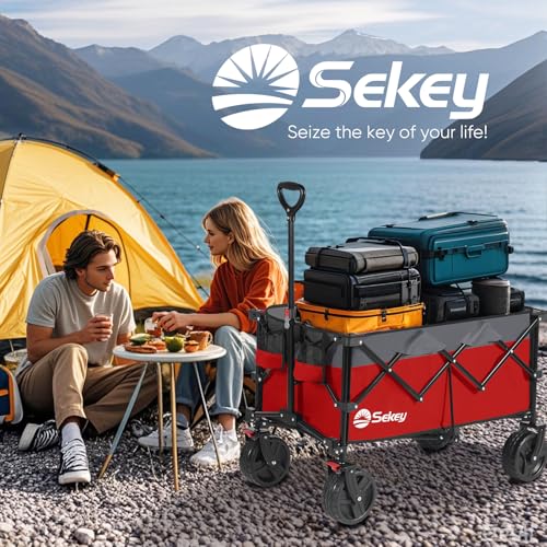 Sekey 220L Beach Wagon, 330 lb Capacity, Foldable, 8 in Wide Wheels - color: Red&gray