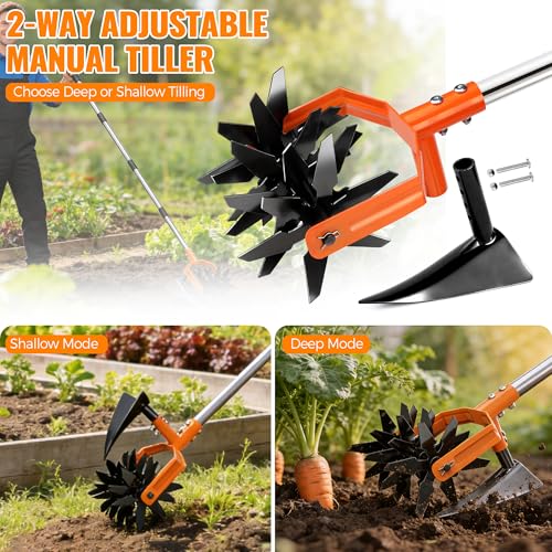 Manual Hand Tiller for Gardening, Rotary Cultivator with Tilling Blade