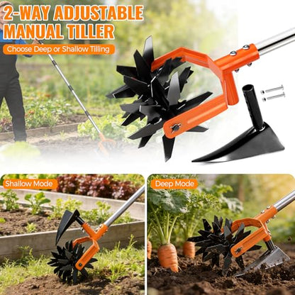 Manual Hand Tiller for Gardening, Rotary Cultivator with Tilling Blade
