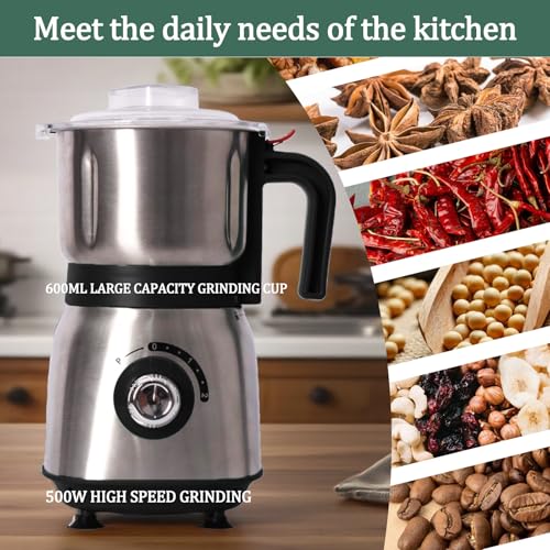 Electric Grinder for Kitchen, 500W Spice Grinder for Coffee & Grains - color: Black