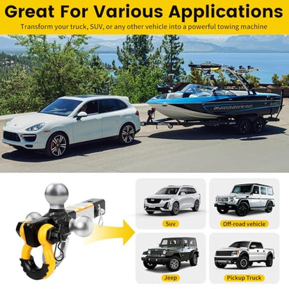 MaxxHaul Tri Ball Hitch with Rotatable Tow Hook and D-Ring Shackle, Fits 2" Receiver, Heavy-Duty Steel, 12,000 lb Capacity, Multi Ball Mount for Towing & Recovery - (51008) - style: Rotatable Tow Hook and D-ring
