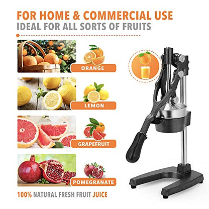 19 Inch Height Extra Tall Commercial Heavy Duty Cast Iron Hand Press Manual Orange Citrus Lemon Lime Grapefruit Pomegranate Fruit Juice Squeezer Machine with Stainless Steel Cup Black - color: Black, size: 19 Inch