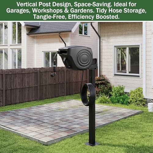 33 Inch Retractable Hose Reel Mounting Post with Multi-functional Hook Heavy Duty Vertical Stand for Garden Outdoor