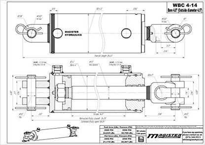 Double Acting Hydraulic Cylinder - AG Clevis Hydraulic Cylinder 2500 PSI tie-Rod Alternative 4" bore 14" Stroke (4x14) - size: 14" stroke