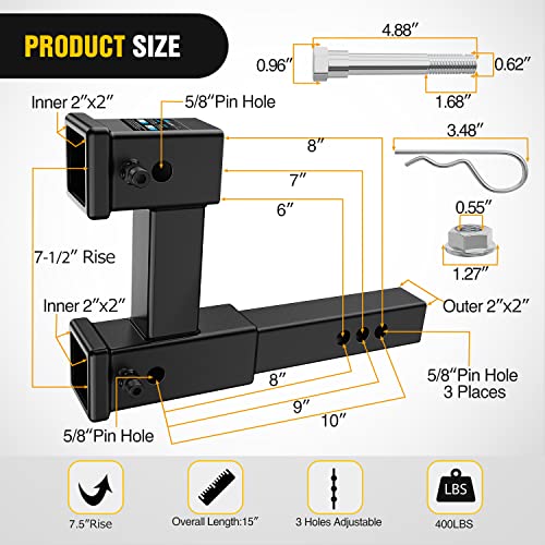 Nilight Dual Hitch Extender 10", Rise Drop 7-1/2 inch fits 2 Inch Receiver - color: 2" Dual Hitch Extender