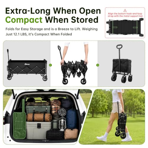 34" Extra Long Collapsible Wagon Cart, 360LBS Capacity, Black - color: Ebony