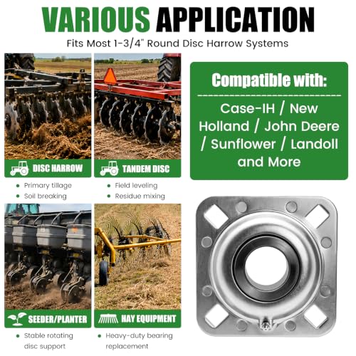Disc Harrow Flange Bearing 1-3/4" Round Bore, 4-Bolt Harrow Disc Bearing Compatible with FD209RA ST427 ST490, Harrow Disc Bearing 1-3/4 Inch Bore Replacement for Agricultural Tool Case-IH New Holland