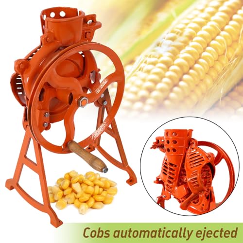 Heavy Duty Steel Corn Sheller – Manual Hand Crank Corn Thresher with Adjustable Screws for Efficient Shelling – Also Hulls Walnuts – Orange