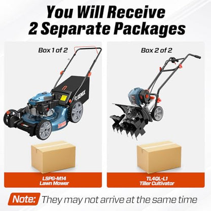 SENIX LSPG-M14 21-inch 144cc Gas Lawn Mower, 46cc 15-inch Gas Powered Tiller Cultivator Kit