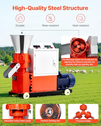 VEVOR Feed Pellet Mill Machine, 6 mm Animal Feed Pellet Making Machine, 3KW 240V Animal Food Granulator Mill Machines with 3 Pressure Rollers & 4 Wheels, Ideal for Poultry, Livestock, Farm Animals - size: 6mm (0.24") grinding disc
