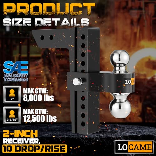 LOCAME Adjustable Trailer Hitch, Fits 2-Inch Receiver Only, 10-Inch Drop/Rise Aluminum Drop Hitch,12,500 LBS GTW-Tow Hitch for Heavy Duty Truck with Double Stainless Steel Locks, Black, LC0023 - color: Black, size: 2" 10drop