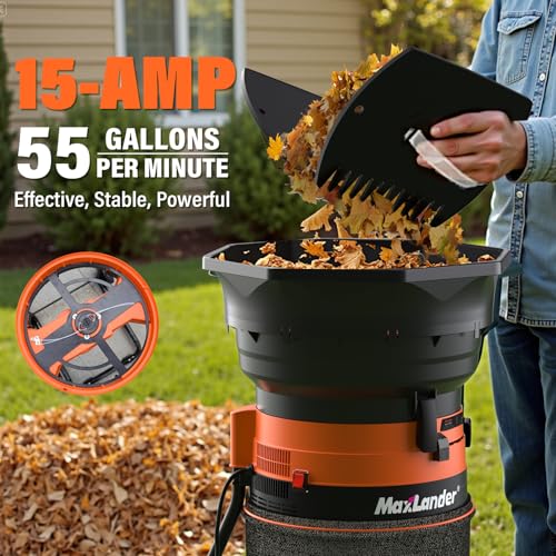 MAXLANDER Electric Leaf Mulcher/Shredder, 15 Amp 8400 RPM, 18:1 Ratio, Adjustable Dial, with Goggles, Leaf Scoops/Gloves, 20 Cutting Lines-Portable Garden/Yard Grinder & Chipper for Wet/Dry Leaves - color: Dark orange