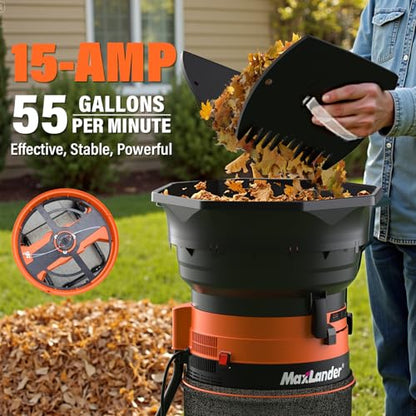 MAXLANDER Electric Leaf Mulcher/Shredder, 15 Amp 8400 RPM, 18:1 Ratio, Adjustable Dial, with Goggles, Leaf Scoops/Gloves, 20 Cutting Lines-Portable Garden/Yard Grinder & Chipper for Wet/Dry Leaves - color: Dark orange