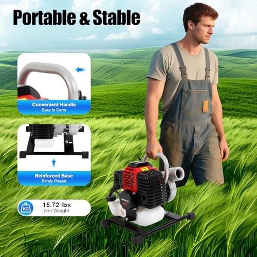 Commercial Gasoline Engine Water Pump 2 Stroke 52CC 1700W 1.5 Inch Inlet Portable Gasoline Water Transfer Pump with Manual Start, Air-cooling Water Pump for Flood Gardening Irrigation