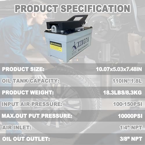 Air Hydraulic Pump 10,000 PSI 1.7L Reservoir NPT 3/8" Oil Outlet, NPT 1/4" Inlet, Hydraulic Pump Air Hydraulic Foot Pump Made of Aluminum, Grey - color: 1103-Grey