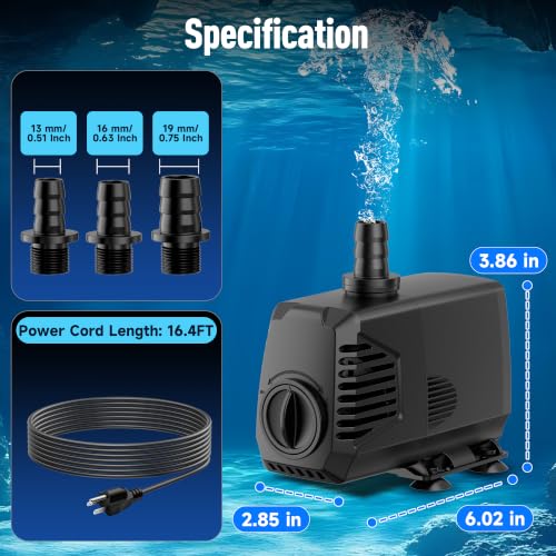 POPOSOAP 680GPH Submersible Water Pump, Water Fountain (2400L/H, 55W) with 8.5FT High Lift Adjustable & 3 Nozzles & 16.4FT Cord, Ultra Quiet Aquarium Pump for Pond Fountain Waterfall Hydroponics-Q104 - size: 680GPH