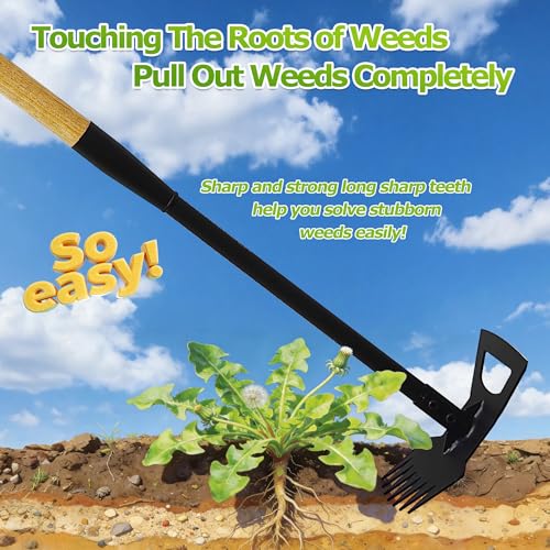 60" Wood Handle Weed Puller Tool, 7-Tine Garden Hoe, Secure Fit, No Bending - size: 7-tooth wooden handle