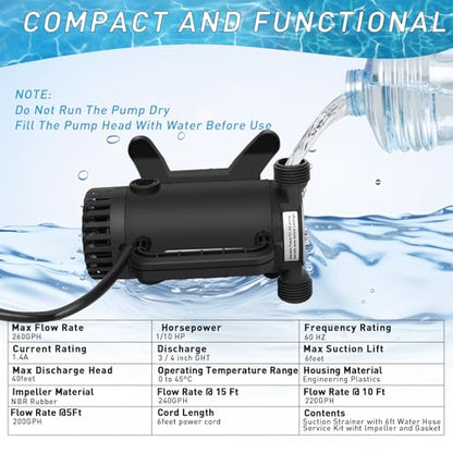 Water Pump 115V 1/10 HP 260 GPH Utility transfer Pump-Black - style: Black-NewG