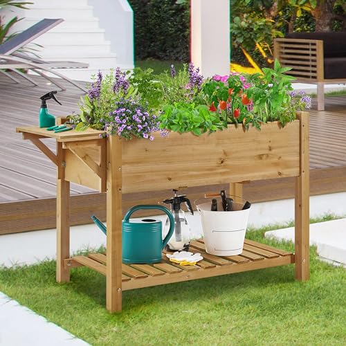 Yaheetech Herb Garden Planter Outdoor Wood Standing Garden Bed,Light Brown - color: Light Brown
