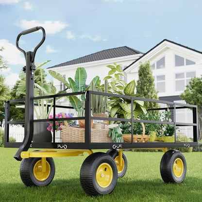 Heavy Duty 1200 Lbs Capacity Mesh Steel Garden Cart Folding Utility Wagon with Removable Sides & 180° Rotating Handle for Garden, Lawn, Warehouse, Farm - color: 1200lbs Black + Yellow