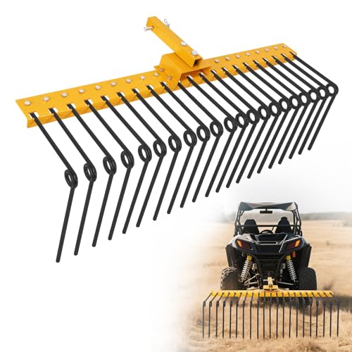 60 Inch Tow Behind Dethatcher, Pine Straw Lawn Rake Attachment with 20 Replaceable Spring Steel Tines, Lift Handle, 2 Inch Receiver for ATV UTV Riding Mower Tractor Yard Garden